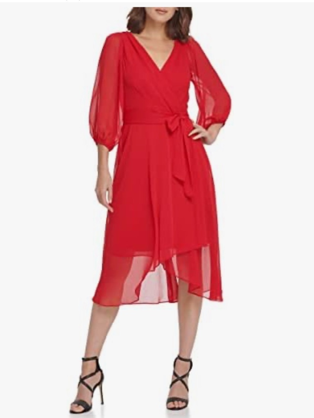 DKNY  Wrap Midi Dress with Sheer Sleeves